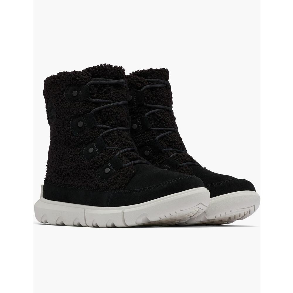 New Sorel Explorer Next Joan Cozy Boots in Black Suede/Faux Shearling Size 6.5